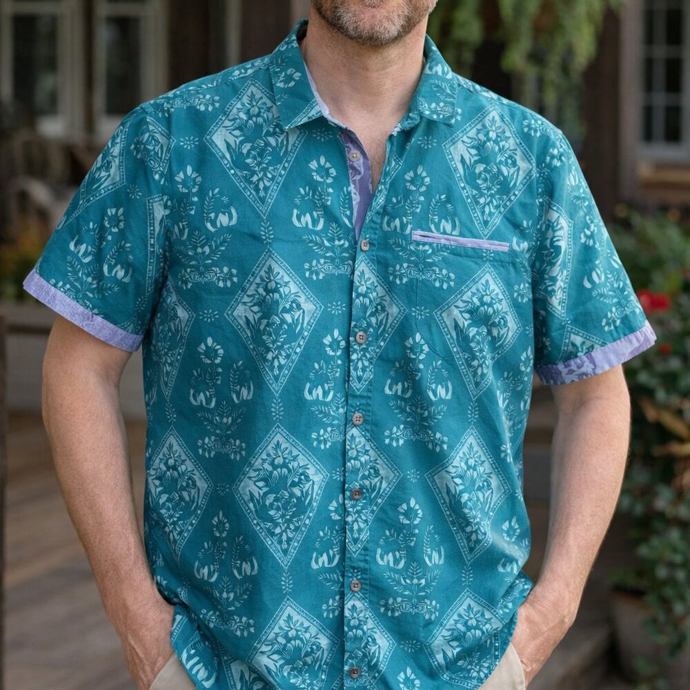 NWT Men's Craft + Flow Green Floral Shirt 100% Cotton Chest Pocket Short Sleeve